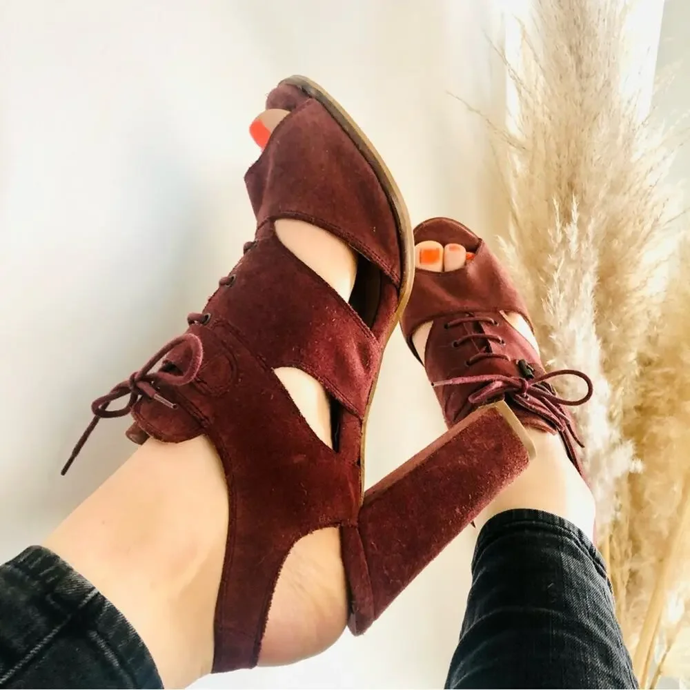 ANTHROPOLOGIE SCHULER SONS Maroon Burgundy Sling Back Lace Block Heels Sandals - Picture 5 of 12